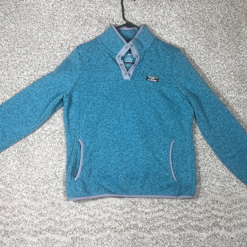 LL Bean Women's Fleece Pullover Snap Neck Teal Heathered Size M Pet